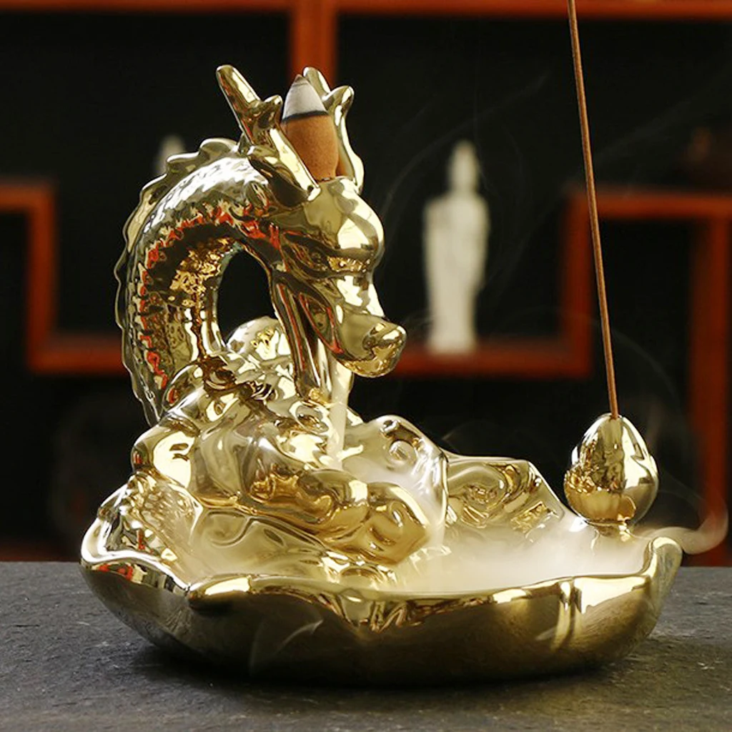 Decorative Ceramic Incense Burner Holder Home Decoration Golden Dragon Porcelain Backflow Waterfall Censer