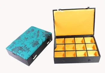 

LiiJi Unique Chinese Handmade Classic Silk Rectangle 12 Square Jewelry Box Compartment
