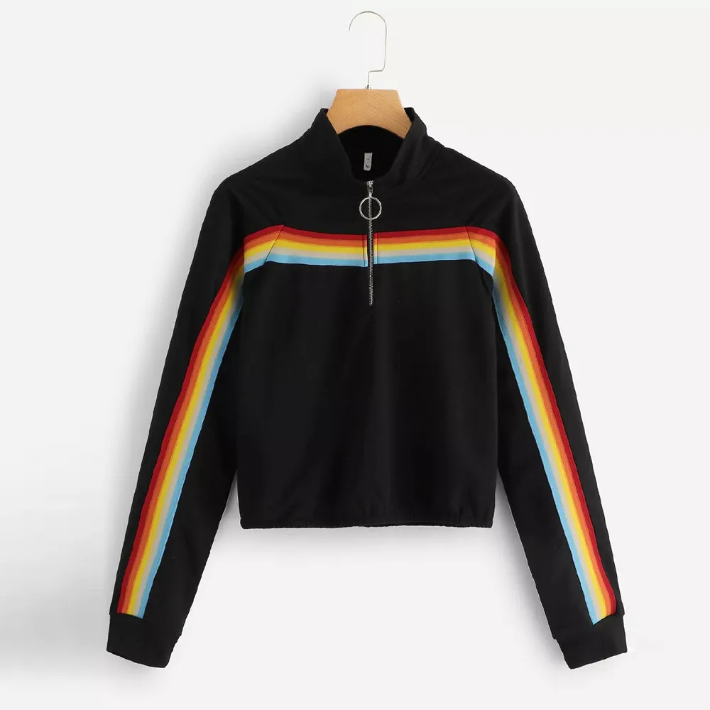 

Casual Womens Sweatshirt Solid Splicing Zipper Stripe Pullover Sweatshirt rainbow New Hoodies Ladies Girls Autumn Winter A1