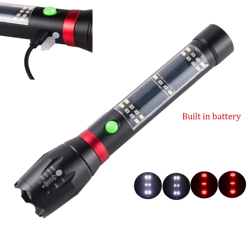 Zoomable T6 + 20X SMD светодиодный фонарик фонарь на солнечной батарее сигнальный