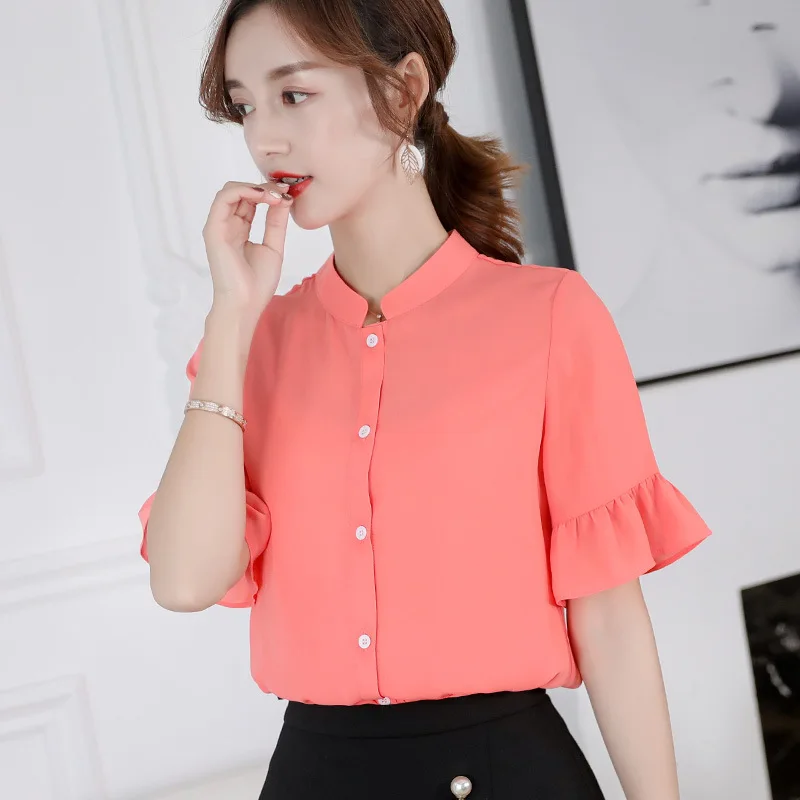 

2019 Summer Women Fashion Blouse Elegant Solid Color Short Sleeve Stand Patchwork Large size Lady Button lady Chiffon Blouse
