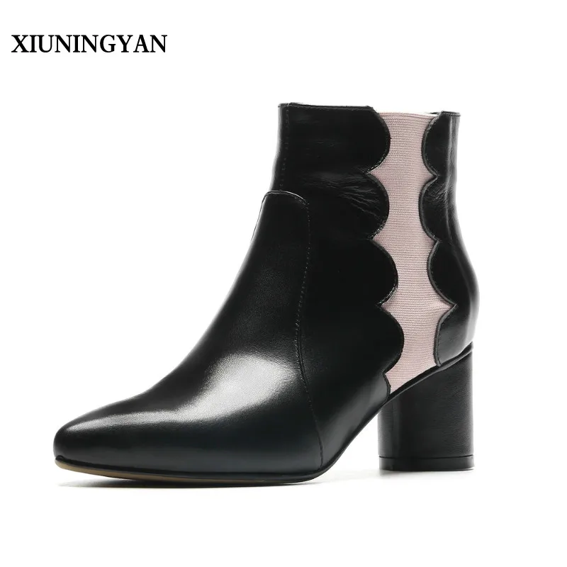 

XIUNINGYAN 2018 Cow Leather Ankle Boots Women Side Slip on Thick High Heels Shoes Woman Pointed Toe High Quality Boot Female Hot