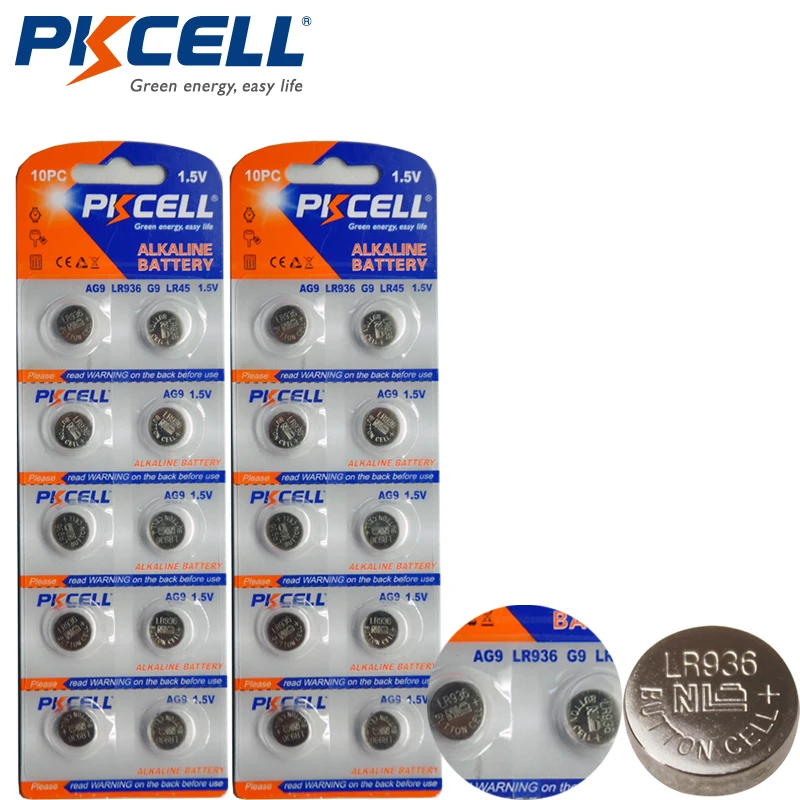 

20 Pieces PKCELL 1.5V AG9 Battery LR936 394 SR936SW 194 V394 Button Coin Cell Alkaline Battery