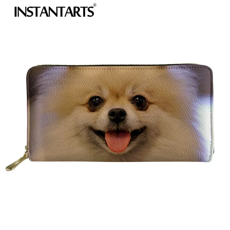 INSTANTARTS Women Long Leather Wallet 3D Cute Animal Pomeranian Dog