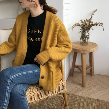 

Korean Winter Yellow Women Sweater Cardigan 2019 Casual Long Sleeve Knitted Cardigan Female Winter Thick Harajuku Cardigans Coat