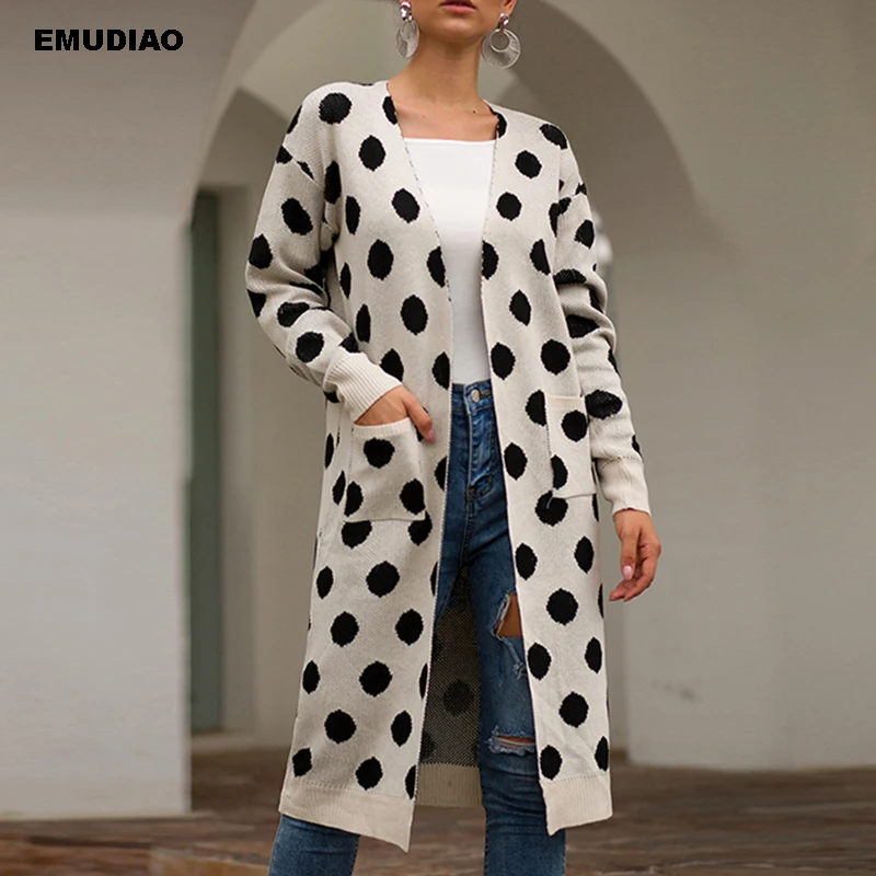 

Polka Dot Cardigan Women Knitted Open Stitch Long Sweaters Feminine Coat Sweater Woman Winter 2019 Autumn Streetwear Cardigans