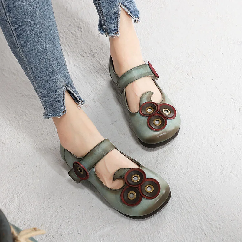 

2019 VALLU Flower Shoes Ladies Flats Genuine Leather Handmade Vintage Spring Women Mary Janes Comfortable Soft Shoes