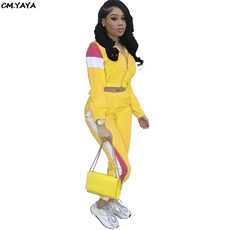 Женский плащ на молнии с длинными рукавами, топ, лоскутные штаны, костюм, 2 предмета, модный винтажный спортивный костюм, спортивный костюм, LM8042 - Цвет: Цвет: желтый