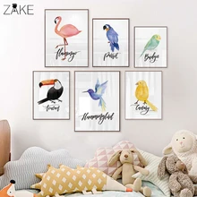 Nursery Wall Art Flamingo Parrot Sparrow Watercolor Birds Canvas Print Posters Nordic Painting Wall Decor Kids Room Decoration watercolor leaf flamingo tassel hanging painting wall decor print