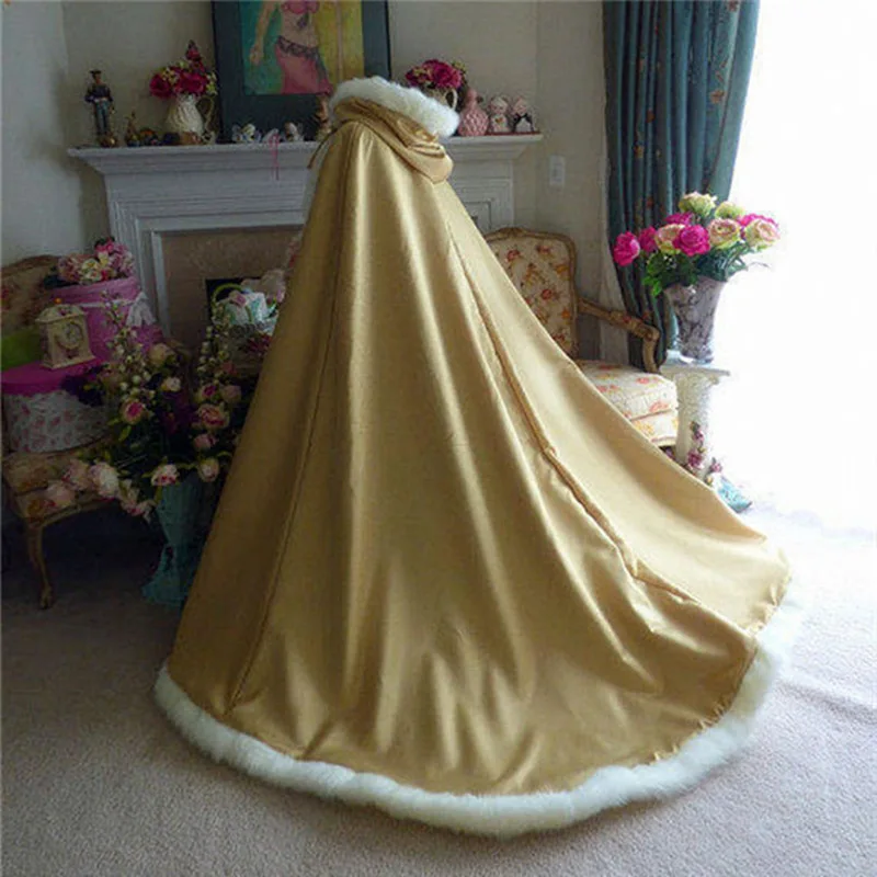 Long Faux Fur Trim Satin Bridal Hooded Cloak Wedding Cape Winter
