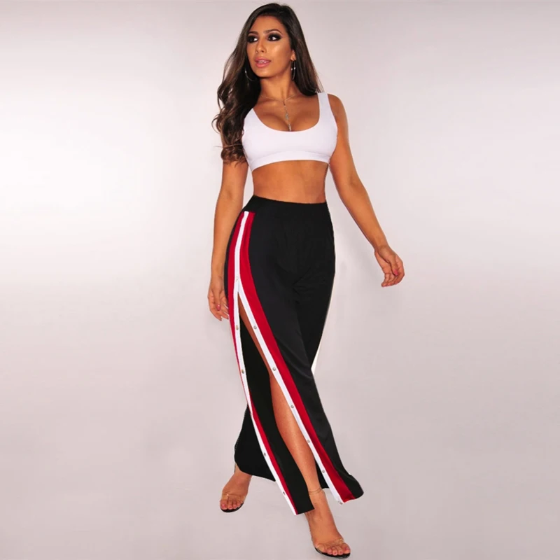 

Fashion High Waist Straight Patchwork Pants Casual Women Wide Leg Pants Striped Split Trousers
