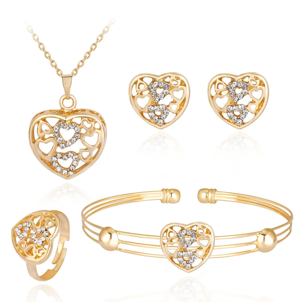 

HC 4 Pcs Gold Color Design Heart Drop Hollow Out Jewelry Sets Carved Crystal Bracelet Ring Small Jewelry Sets Girl Kids Gifts T