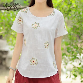 

2018 fashion cotton linen women's clothing short sleeve female tops women blouse shirt plus size print women tops blusas D827 30