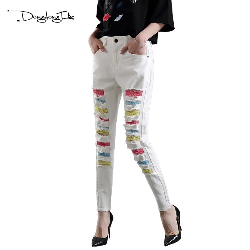 

Dongdongta Girls Women Fashion Cross-pants 2017 New Original Design Full Length Loose Tye White Color Spring Summer Hole Jeans