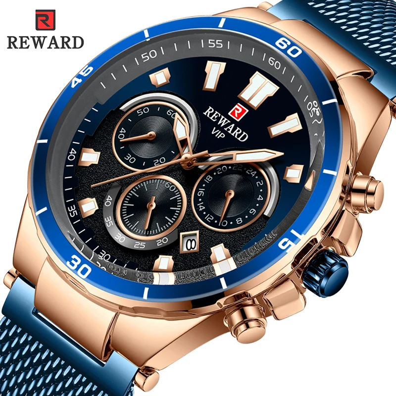 

2019 Men's Business Wrist Watch New Luxury Brand REWARD Male Full Steel Mesh Belt 24 Hour Date Clock Quartz Watches Waterproof