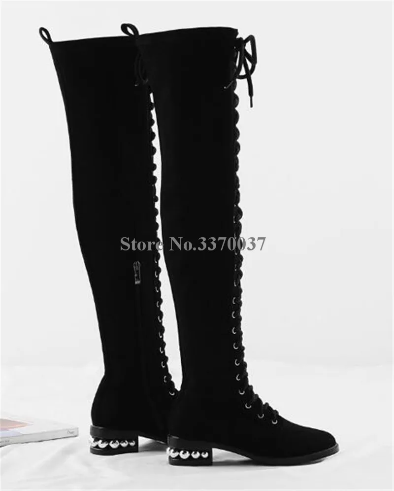 Sur Des Noir En Bout Long De Métal Au Mode Lace Rivet Rond short Femmes Mince Bas Genou D'hiver Suede up Bottes Talon Long w7PqnXtA