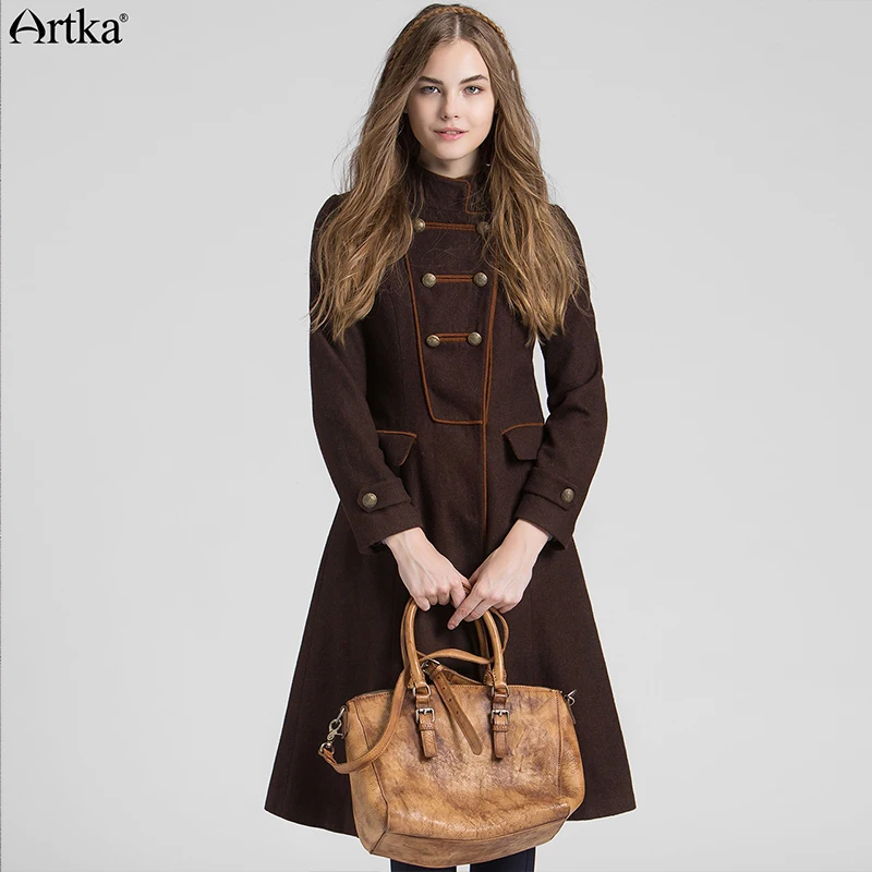 

Artka Women's Autumn New Solid Color A-Line Wool Coat Vintage Stand Collar Long Sleeve Double Breasted Wool Coat FA12061Q