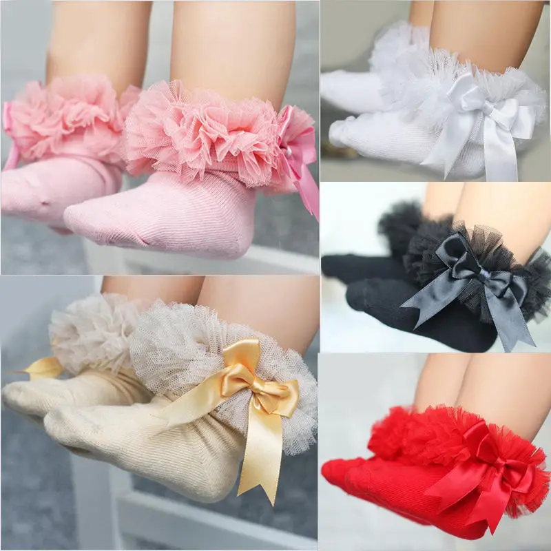 Baby Girls Socks With Bow Tie Lace Ruffle Princess Cotton Sock with Ribbons Multi Colors Gray Red Black Pink White Princes socks fashion socks lolita girls lace socks women white lace short sock ladies new anklets socks with ruffle