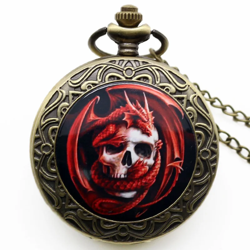 

2018 New Style Pocket Watch Cool Skull Red Dragon Necklace Creative Chain Pendant Movement Quartz Watches Gifts For Men Boy