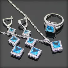 Basic Sq. Blue White Topaz 925 Sterling Silver Jewellery Units For Ladies Sliver Earrings/Pendant/Necklace/Rings Free Reward Field