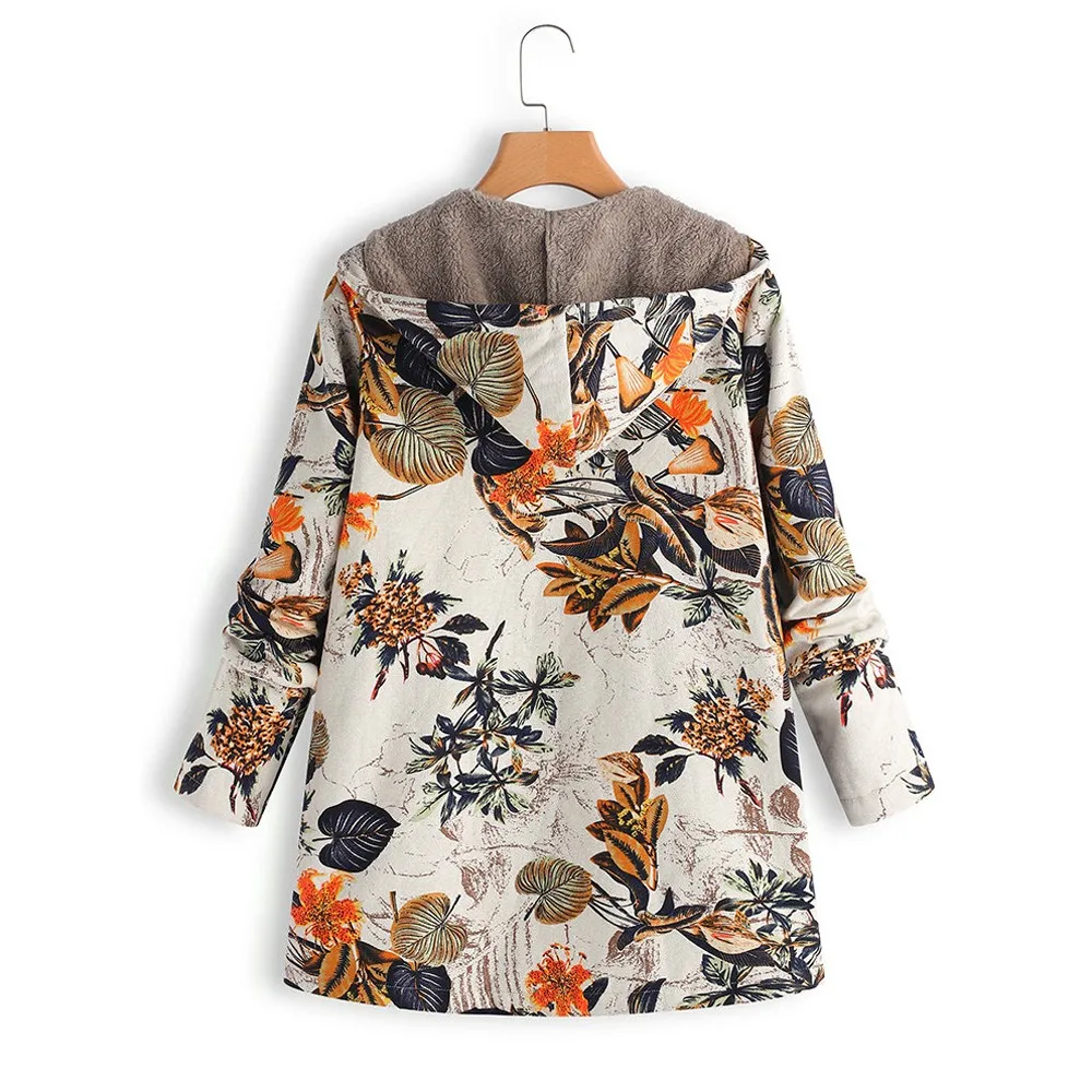 Plus Size Wool Winter Coat Women Warm Outwear Floral Print Hooded Pockets Vintage Oversize Coats Woman Winter  Blend Coat 3.25