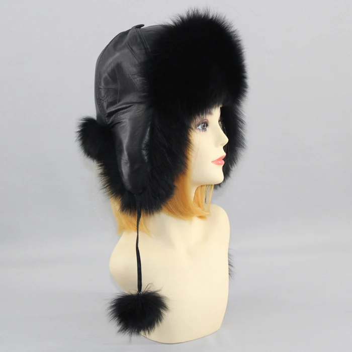 Genuin Fox Fur Hats Lady Real Fox Fur Lei Feng Cap for Russian Women Bomber Hats with Leather Caps Retail wholesale - Color: black