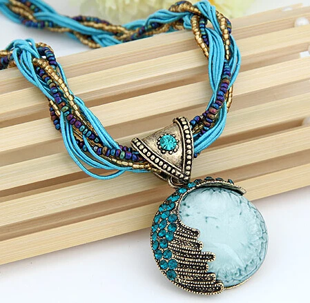 

Fashion Bohemian Handmade Peacock Tail Pteris Beaded Necklace Long blue stone necklaces for women jewelry Body Jewelry