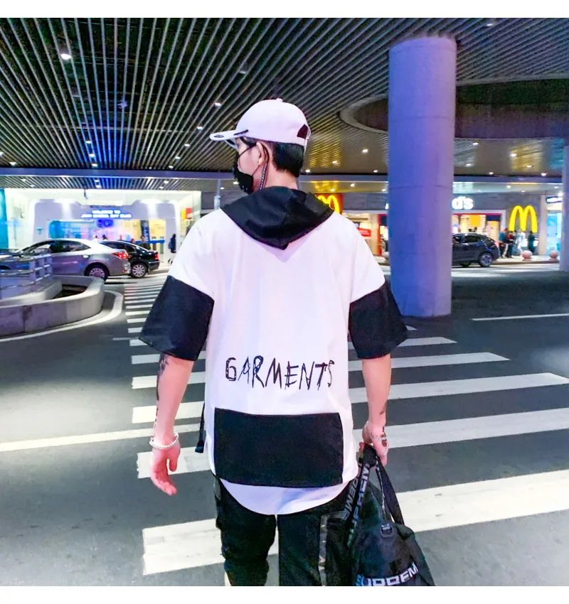 Aolamegs T Shirt Men Block Ribbon Hooded Men's Tee Shirts Short Sleeve T Shirt Fashion High Street Tees Hip Hop Streetwear (2)