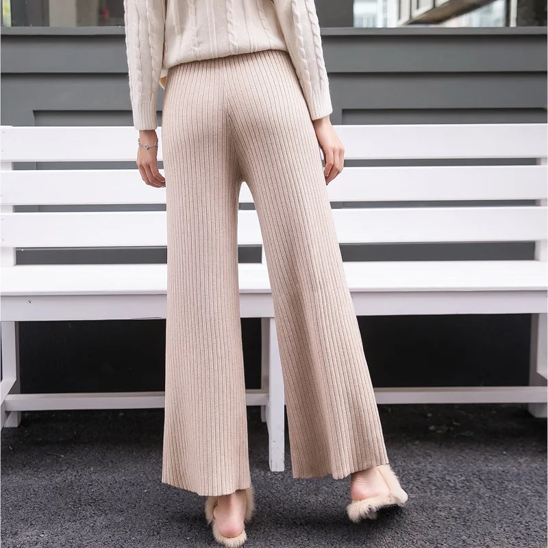 Skup Dzianiny bawełniane wysokiej talii spodnie szerokie nogawki 2019 jesienne wełniane kaszmirowe spodnie kobiece dorywczo luźne spodnie dolne spodnie damskie