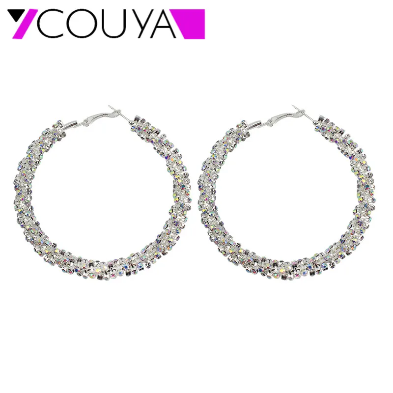 COUYA 60mm New Design silver Charm crystal hoop earrings Geometric Round Shiny rhinestone big circle earring jewelry women | Украшения и