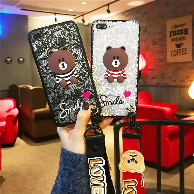 

For OPPO A5S A3S A1K F11 F9 R17 Pro F7 F5 A71K A71 RX17 Neo A7 AX7 K1 R15X Lace Cartoon Bear Case with Strap Cover