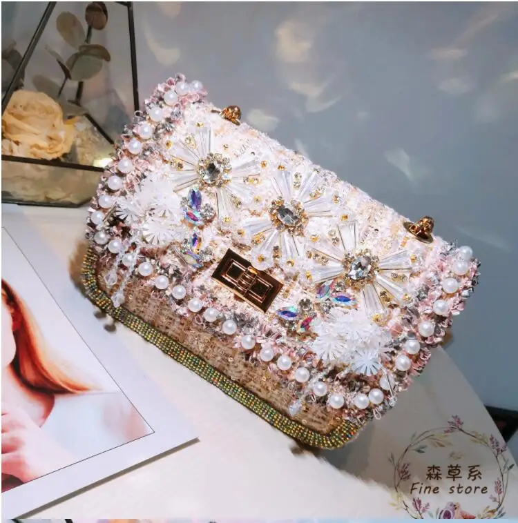 

European new rhinestone heavy industry pearl sequins chain bag temperament casual wild single shoulder diagonal small sachet