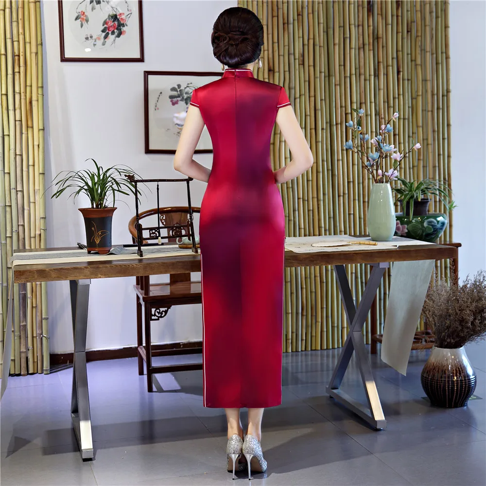 История Шанхай 2018 Новое поступление Длинные китайский Восточный платье Для женщин короткий рукав цветочный Qipao искусственного шелка