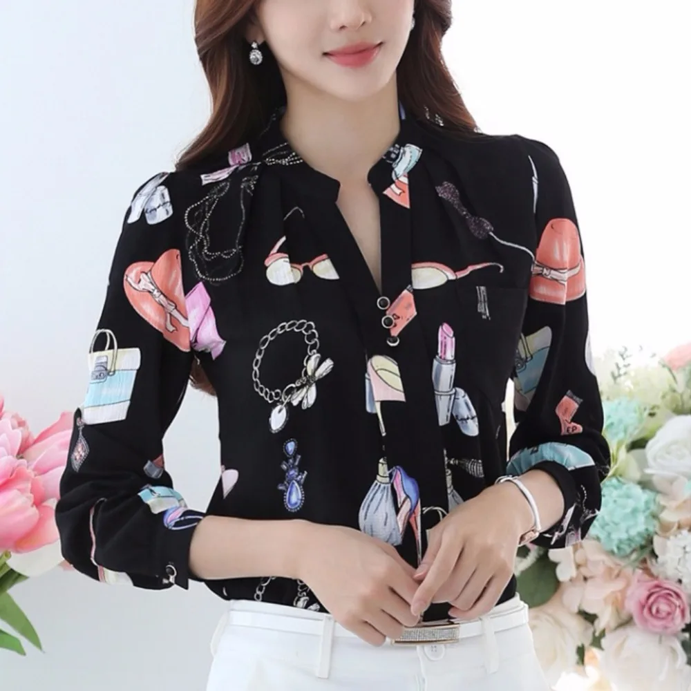 

Korean Women Loose Casual Printed Office Work Wear Top Blouse Long Sleeves Casual Chiffion Shirt
