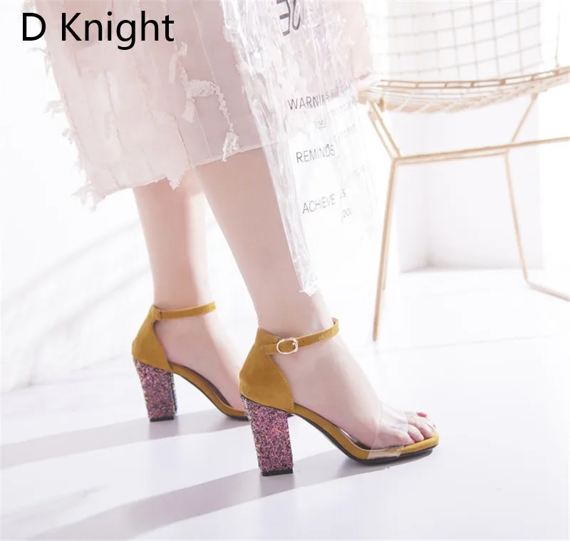 Big Size 52 Women Open Toe Strappy Ankle Strap Yellow Black Sandals Bling Transparent Clear Block Thick High Heel Sequined Shoes (24)