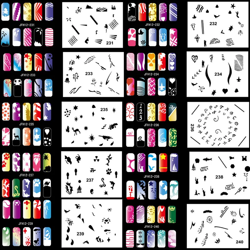 

OPHIR Set12 200 Designs Airbrush Nail Art Stencils 20 Template Sheets Kit Brush Paint Stickers & Decals Nail Tools _JFH12