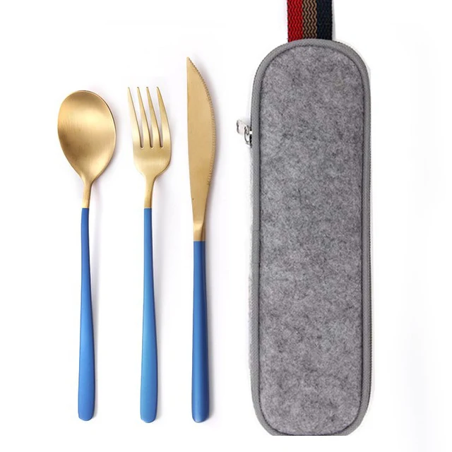 Blue Gold with Bag1 Столовая посуда набор столовый набор в дорогу для путешествий походный набор посуды многоразовые посуда набор ложка Вилка палочки дозирующая детская ложка для соломы и Портативный чехол - Цвет: Blue Gold with Bag1