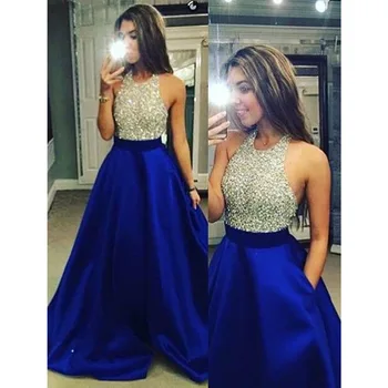 Vestido Longo Royal Blue Long Evening Dress 2016 Crystal Top Vintage Prom Dresses Robe De Soiree Fast Shipping With Pocket