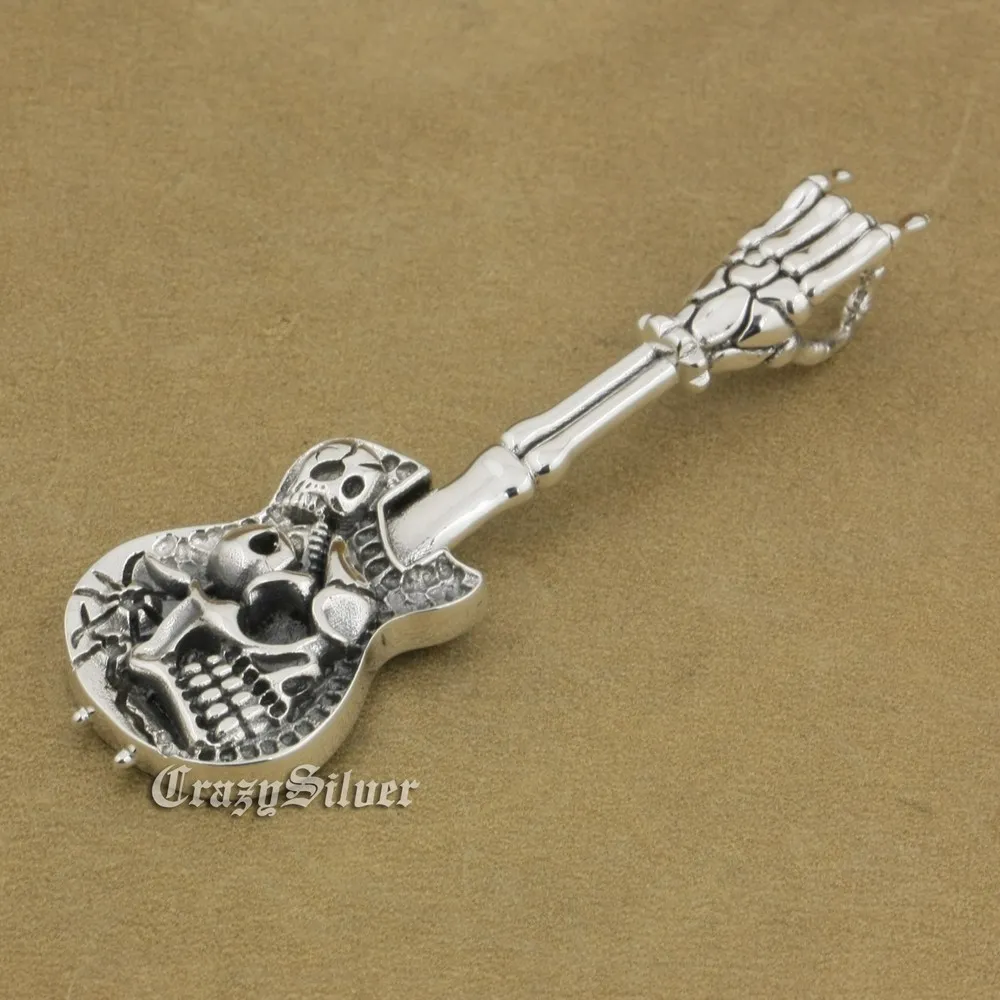

925 Sterling Silver Hand Bone Skull Guitar Pendant Mens Biker Style 9M022A JP