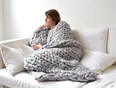 Большое мягкое вязаное шерстяное одеяло из толстой пряжи мериносовая шерсть объемное вязаное одеяло для дивана зимнее одеяло s Прямая поставка BK001 - Цвет: Light Grey