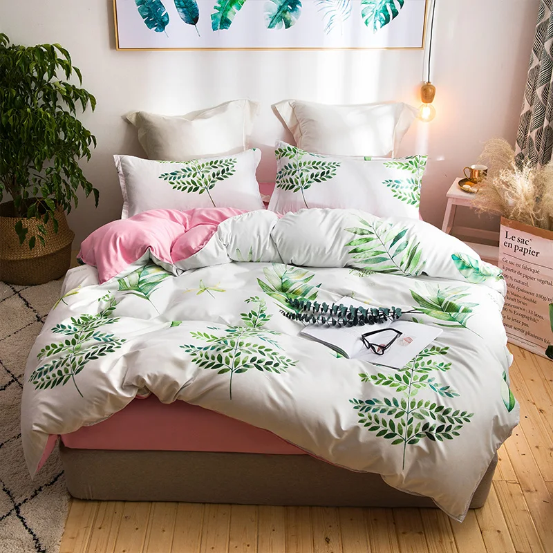 Зеленые листья пододеяльник наборы Твин Полный queen King размер постельные принадлежности наборы для взрослых розовый сплошной кровать плоский лист мягкое роскошное постельное белье