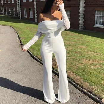 

2019 Summer White Mesh Sexy Rompers Women Long Sleeve Off Shoulder Jumpsuit Solid Elegant Club Party Long Playsuit