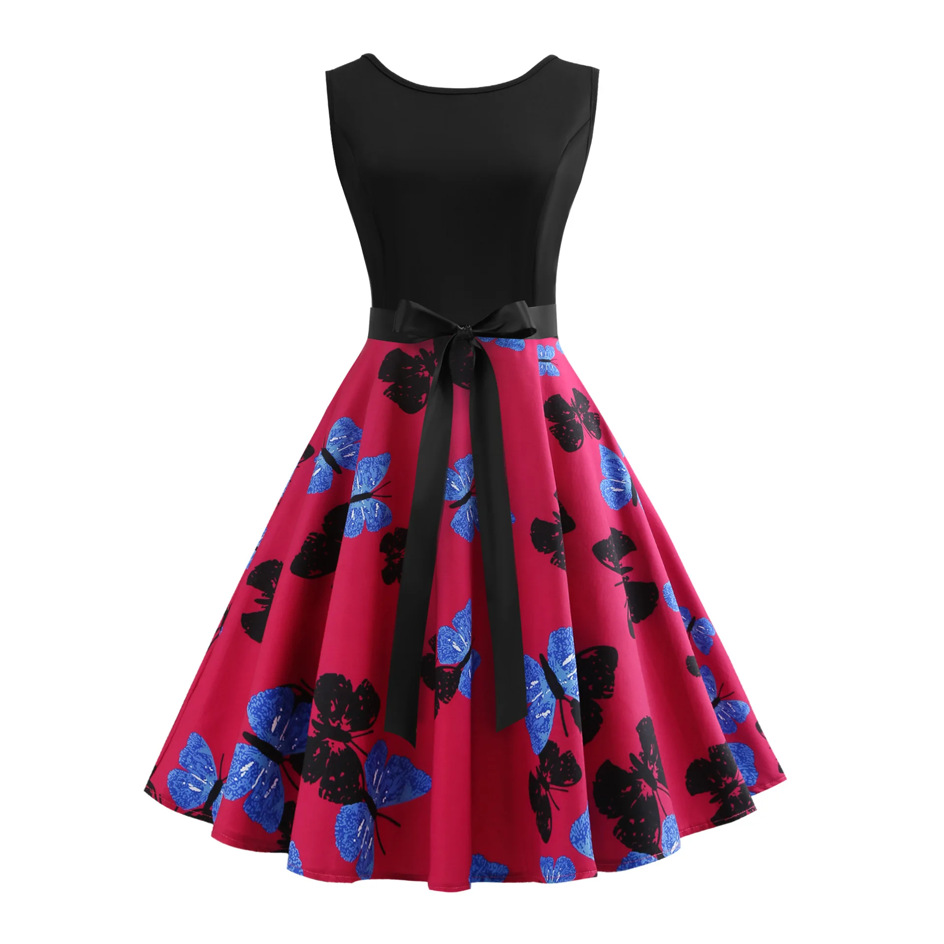 

Summer Dress Casual Butterfly Print Patchwork Sundress Plus Size Hepburn 50s 60s Vintage Dresses Elegant Sexy Party Dress