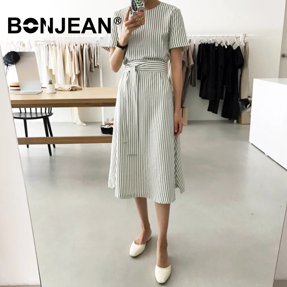

With Belt Striped Dress Green Korean Style Women Elegant Dress Summer Sukienki Streetwear 2019 Vestido Midi Femme Z132