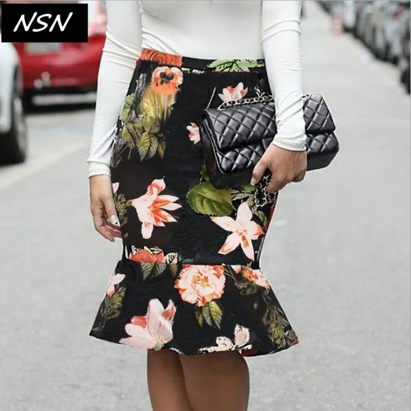 

NEW Sexy Package Hip Printing A-Line Skirt Mermaid Stitching Skirt European Summer Style Knee-Length Ruffles Empire Skirts