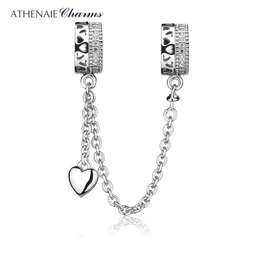 

ATHENAIE 925 Sterling Silver Clear CZ Forever Love Hearts Safety Chain Charms Beads DIY Jewelry Fit European Bracelets Bangle