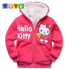 2018Retail Baby girls Cartoon Hello Kitty Winter fur coat children outerwear girls cotton thick warm hoodies
