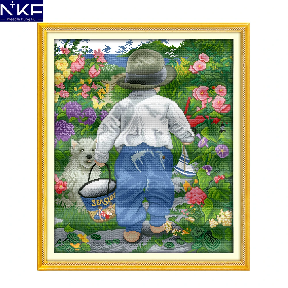

NKF The Garden Boy Printed Counted Stitching 11CT 14CT DIY Kits Cross Stitch Sets for Embroidery Home Wall Decor Needlework