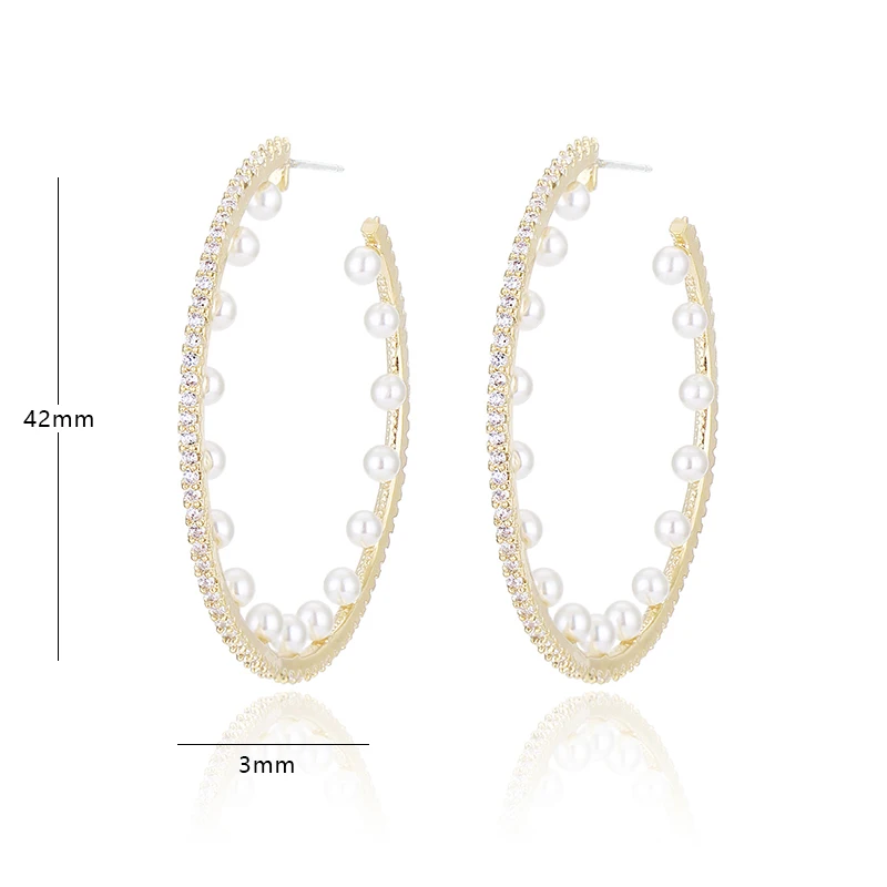 

janekelly Hot Selling Gold Color Cubic Zirconia Copper Earring Inside Shell Pearl Large Round Circle Hoop Earrings