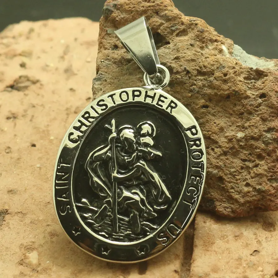 Saint Christopher Carrying the Christ Child Unisex 316L Stainless Steel Cool Saint Christopher Protect Us Pendant 3